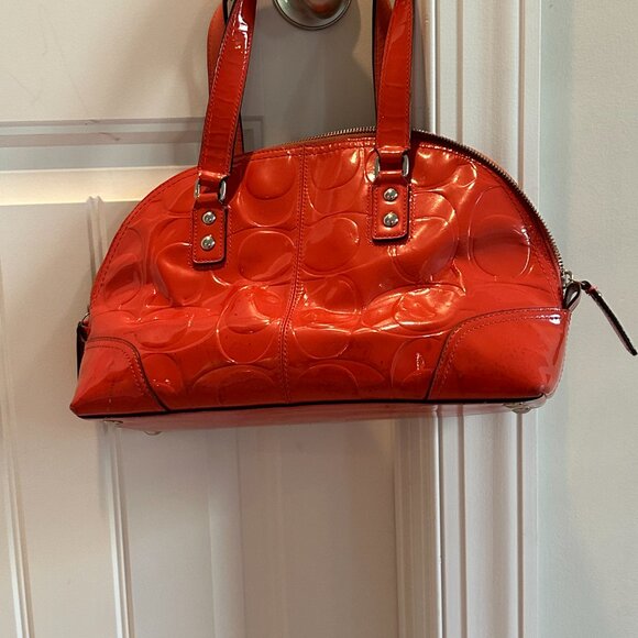 USED Coach F14412 Orange Embossed Signature Patent Leather Satchel Handbag - Picture 2 of 7